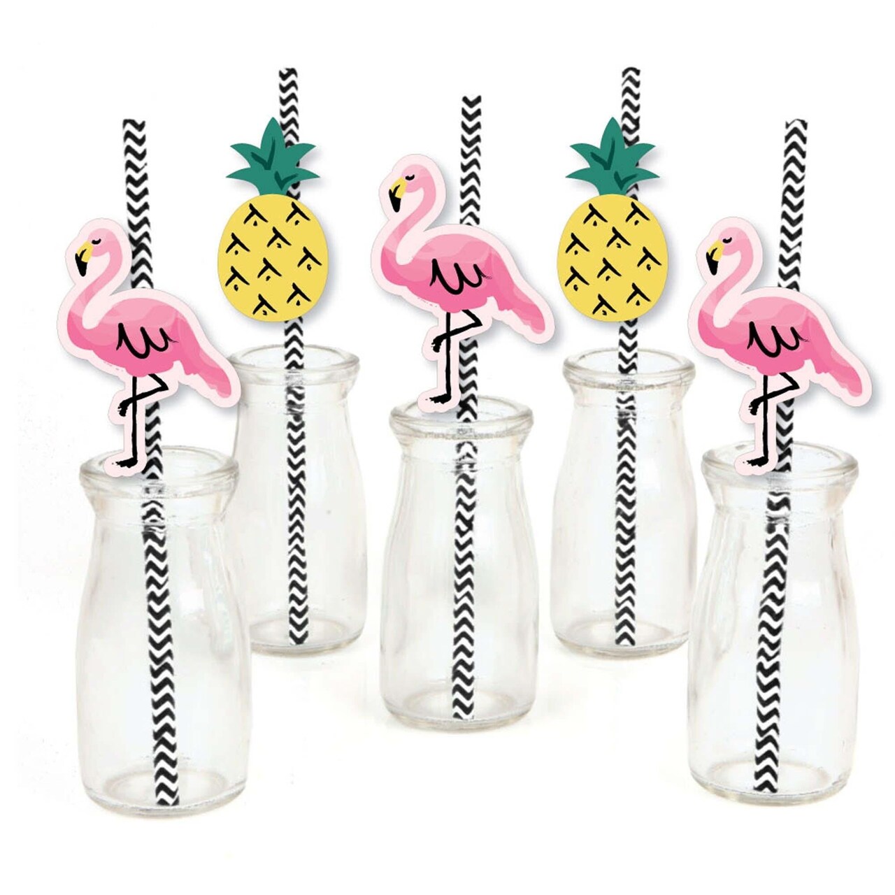 Big Dot of Happiness Pink Flamingo Paper Straw Decor - Party Like a Pineapple - Tropical Summer Striped Decorative Straws - Set of 24